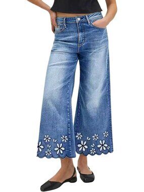 Boho Floral Embroidery Wide Leg Distressed Baggy Jeans | High Waisted Cropped
